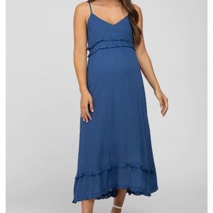 Navy Swiss Dot Ruffle Accent Maternity Dress